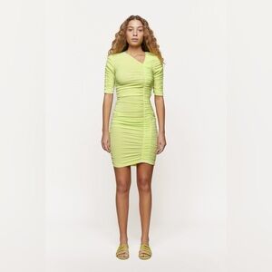 STINE GOYA Fina ruched lime green dress size XS short sleeve‎ stripes